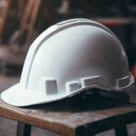 A temporary construction worker’s hat sitting on a stall at a construction site where they work after being hired through a recruitment agency
