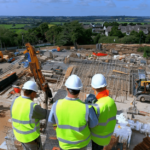 Three UK temporary construction workers working exceptionally on a construction site after being hired through a recruitment agency