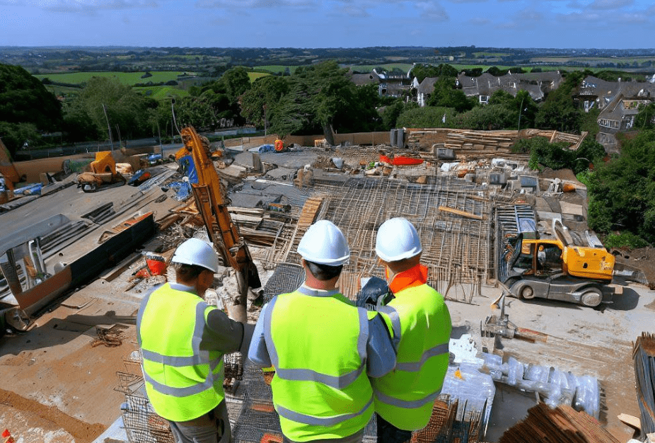 Three UK temporary construction workers working exceptionally on a construction site after being hired through a recruitment agency
