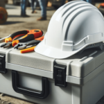 Hard hat resting atop a toolbox on a construction site that has been supplied by contractors who are committed to ethical recruitment and ensuring the safety and well-being of their workers.
