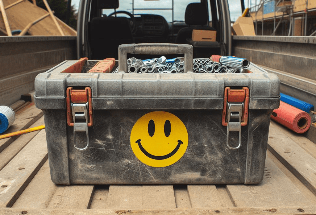 A tool box in the back of a workers truck that is adorned with a smiley face sticker that was put there by a happy worker who has been positively impacted by prioritising worker wellbeing and empathy in the construction industry.