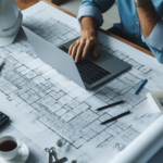 A table filled with blueprints for a new build whilst a member of the construction management team hired through construction recruitment work to ensure that your project is built efficiently, safely and under budget.